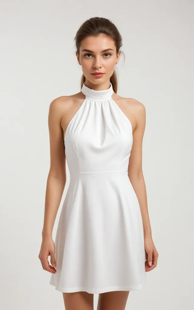 A European female model wearing a dress with a Halter   neck collar, white background, bust portrait